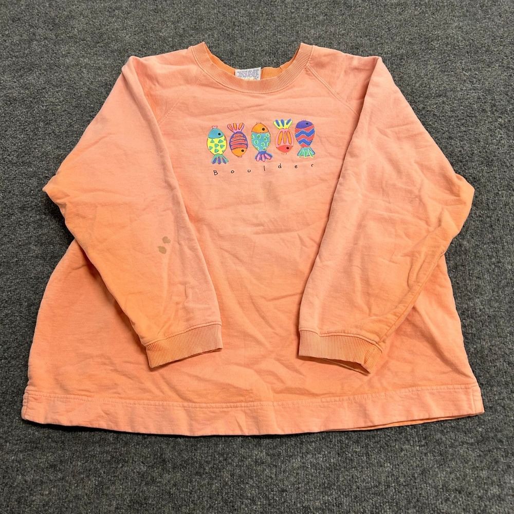 Fresh Produce Sweatshirt Womens Size L Peach Fish Boulder Graphic Made in USA
